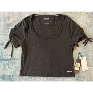 NWT! DKNY Jeans Black Cropped Tie Sleeves Deep Scoop Neck Short Sleeve Tee Small